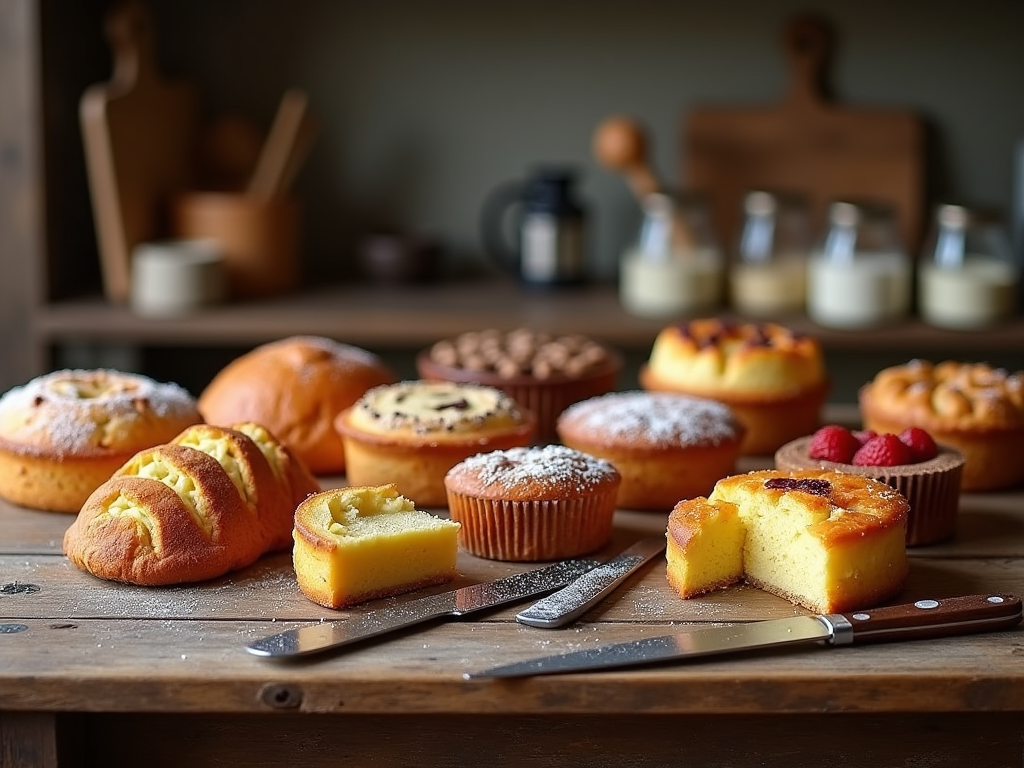 Różnorodne wypieki na drewnianym stole, bułeczki, tarta z malinami, serniki, w tle butelki mleka.