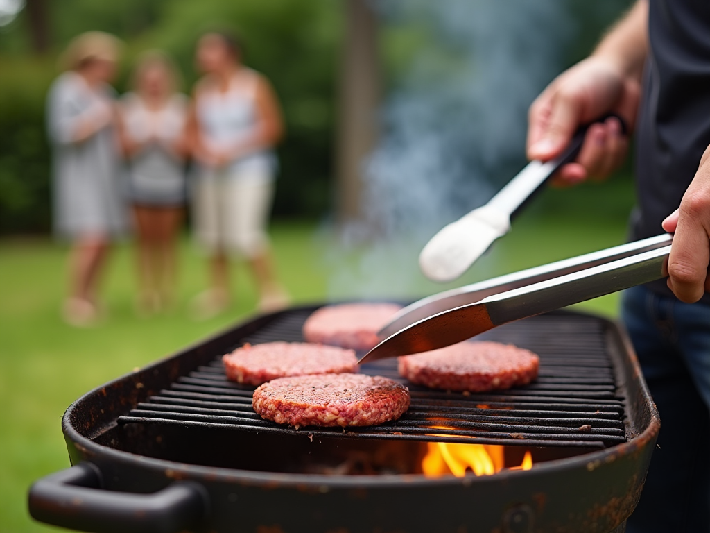 Osoba przy grillu przyrządza hamburgery, w tle rozmawiający ludzie.