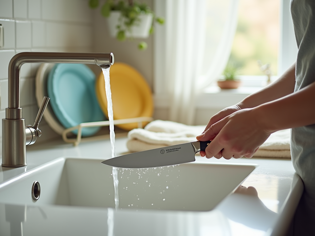 Płynąca woda z kranu i osoba oczyszczająca nóż w kuchennym zlewie.